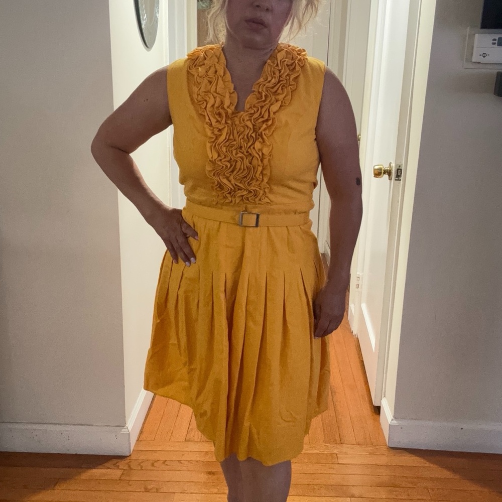 Cache Yellow linen Ruffle Midi Dress